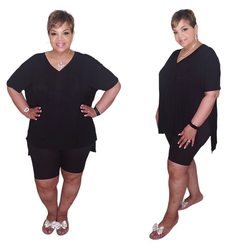 Black V-Neck Top and Bikers Shorts Set